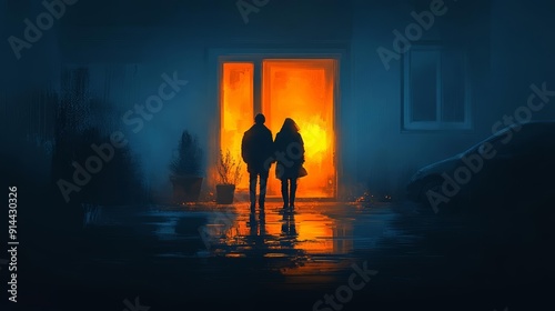 Couple walks by a dark house at night