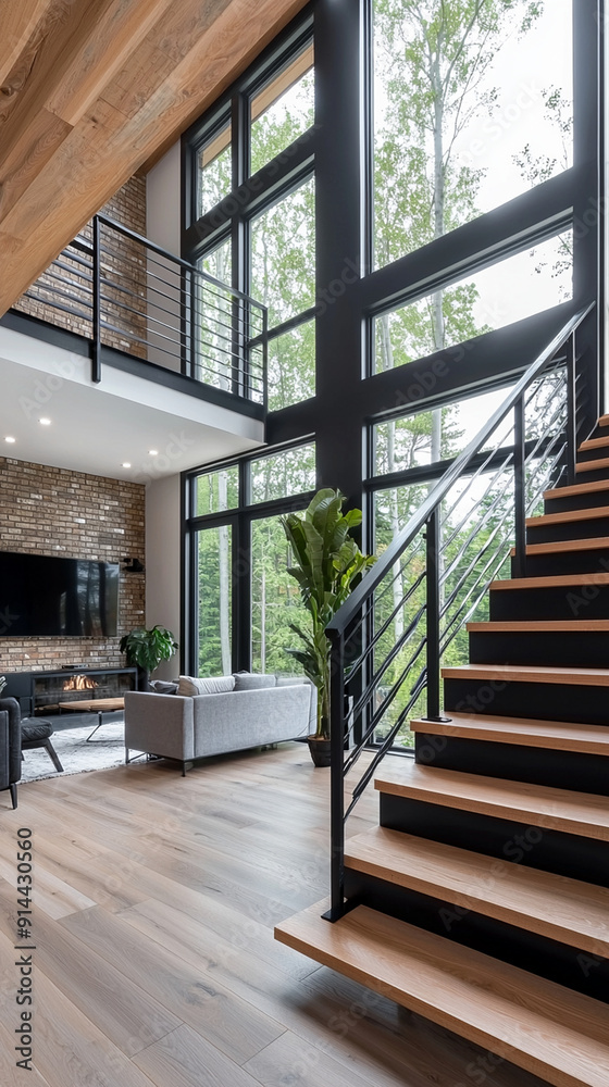 Modern Loft Living Room with Floor-to-Ceiling Windows and Industrial Staircase