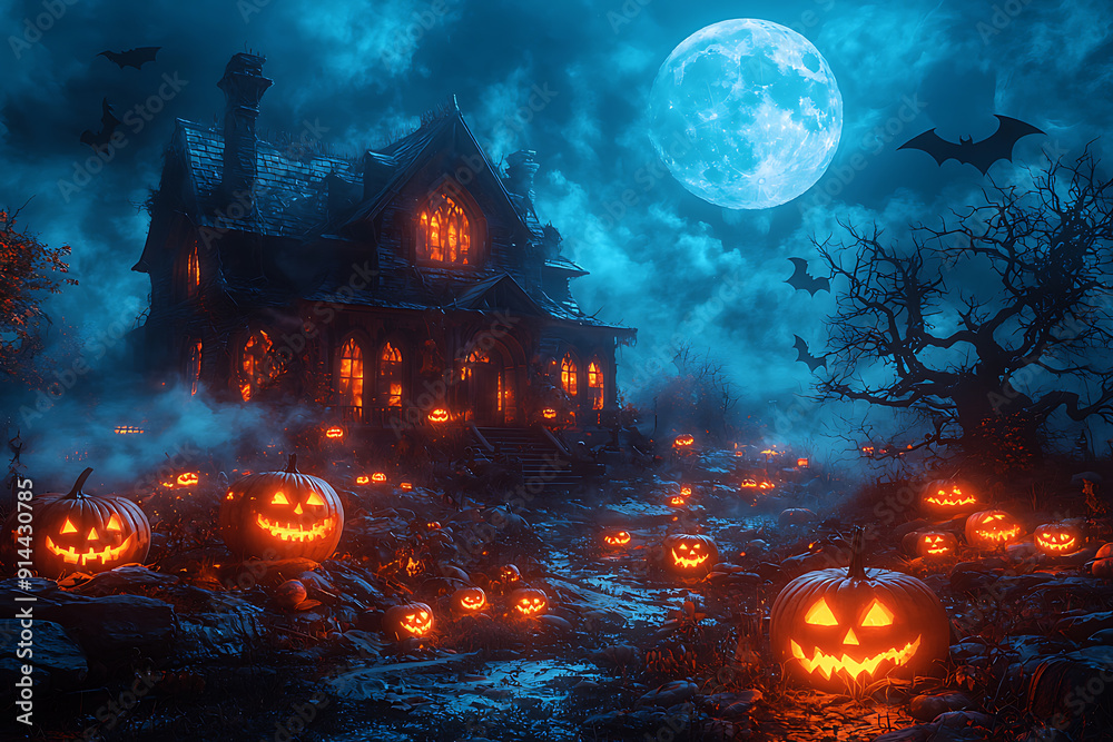A spooky Halloween scene of a haunted house on a hill under a full moon, with glowing carved pumpkins on the porch. Bats' shadows cross the moonlit sky, and twisted, barren trees surround the house A spooky Halloween scene of a haunted house on a hill under a full moon, with glowing carved pumpkins on the porch. Bats' shadows cross the moonlit sky, and twisted, barren trees surround the house