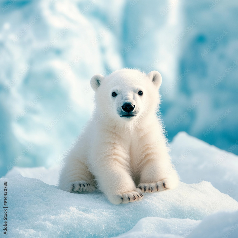 Adorable Polar Bear Cub Sitting on Ice Floe in Arctic Blue Adorable Polar Bear Cub Sitting on Ice Floe in Arctic Blue