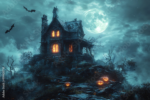 A spooky Halloween scene of a haunted house on a hill under a full moon, with glowing carved pumpkins on the porch. Bats' shadows cross the moonlit sky, and twisted, barren trees surround the house