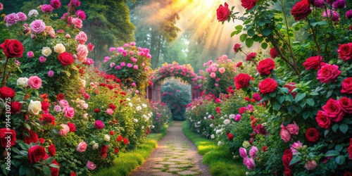 Lush rose garden in a parallel universe with vibrant blooms and enchanted atmosphere, fantasy, parallel universe, roses