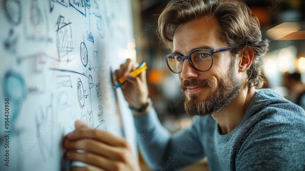 A focused man sketches ideas on a whiteboard, showcasing creativity and innovation in a collaborative workspace A focused man sketches ideas on a whiteboard, showcasing creativity and innovation in a collaborative workspace
