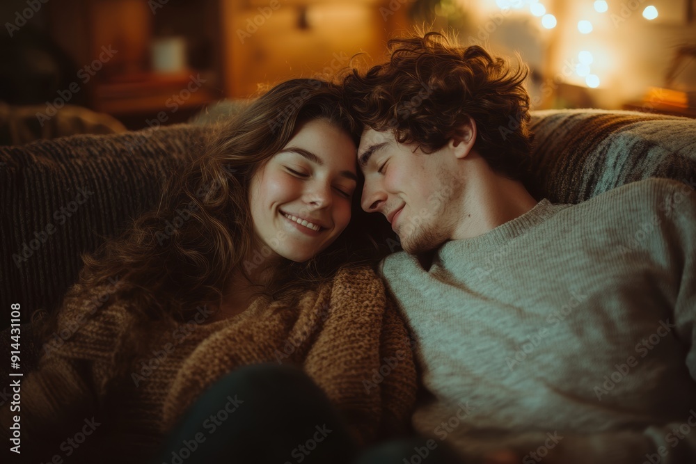 A cozy scene of a couple embracing on a couch, sharing smiles in a warm, intimate setting with soft lighting and a serene atmosphere A cozy scene of a couple embracing on a couch, sharing smiles in a warm, intimate setting with soft lighting and a serene atmosphere