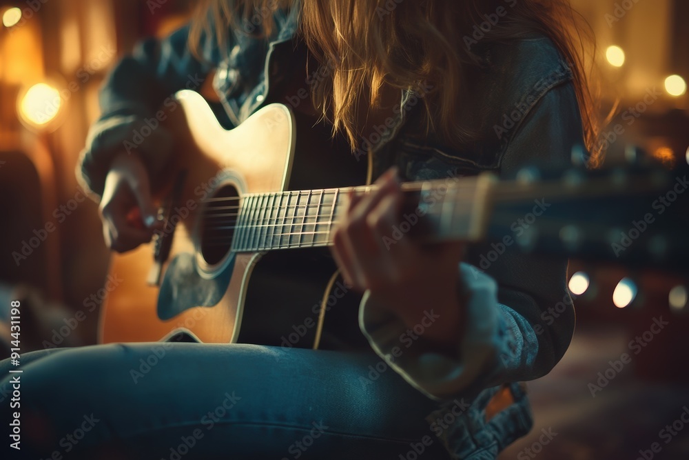 Fototapeta premium A person playing an acoustic guitar in a cozy, softly lit environment, creating a warm and inviting atmosphere.