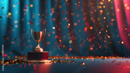 A gleaming trophy stands against a backdrop of colorful confetti falling during a celebration photo