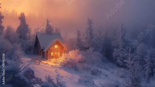 A simple log cabin nestled among frosted evergreens, with a soft glow emanating from within photo