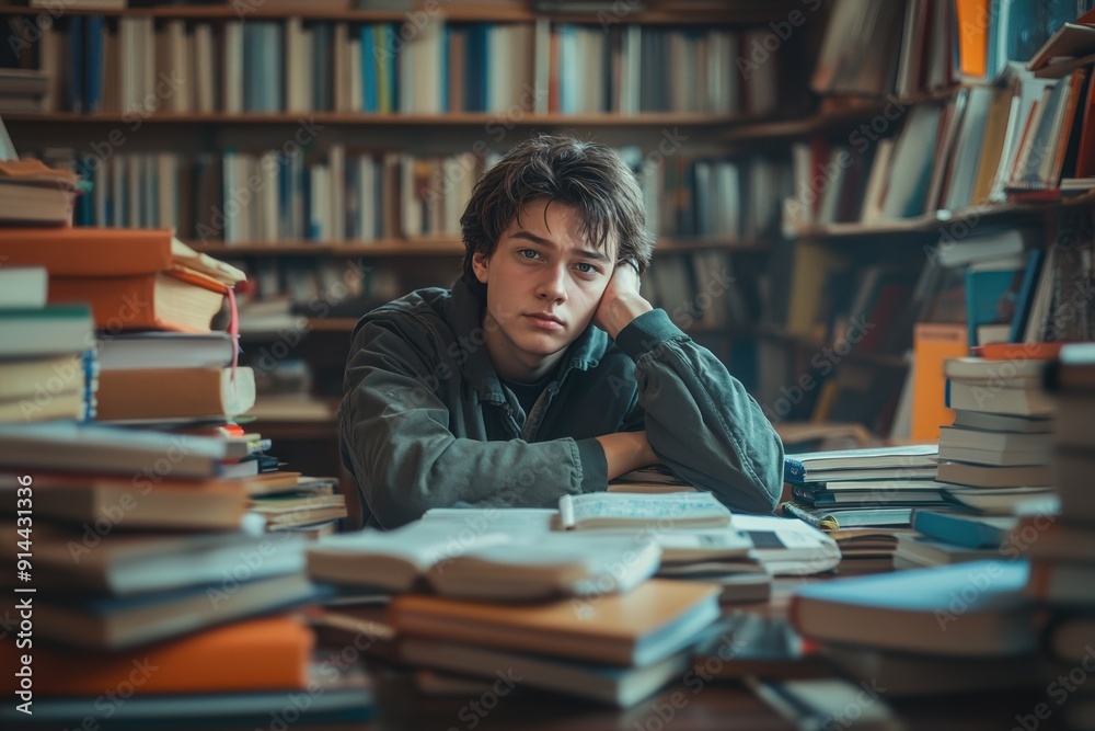 A young person sitting at a cluttered library table, surrounded by books, displaying a thoughtful expression, immersed in study or contemplation A young person sitting at a cluttered library table, surrounded by books, displaying a thoughtful expression, immersed in study or contemplation