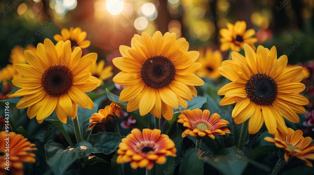 Fototapeta premium Sunlit spring meadow with daisies and wildflowers under the warm rays, lush green grass background
