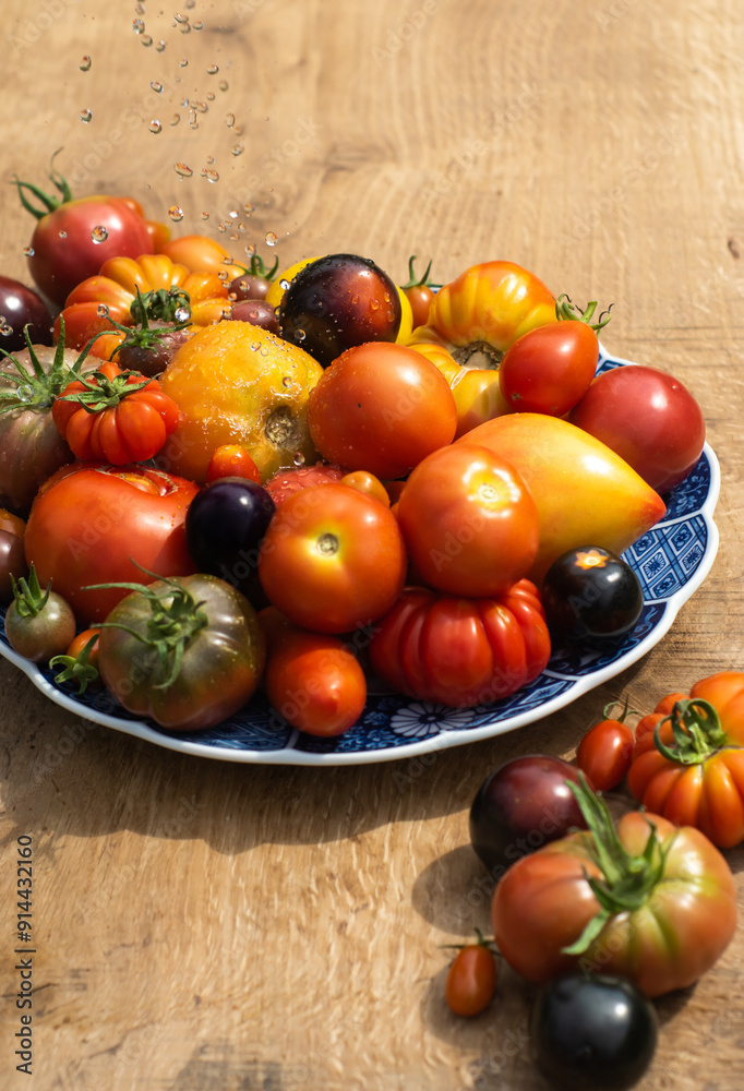Fresh colorful heirloom tomatoes on a plate washed with cold water outside on wooden rustic table.