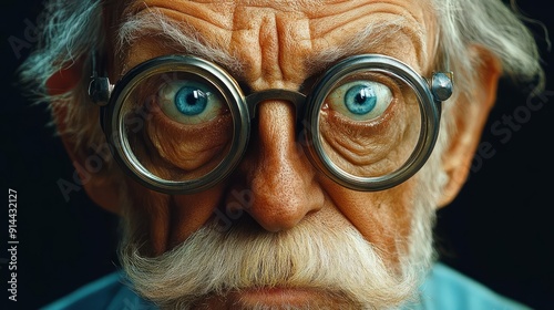 Old man with blue eyes white hair and glasses He has a beard and mustache and is looking straight ahead The background is plain black
