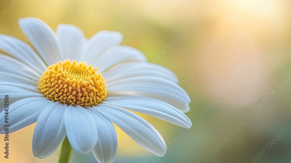 Fototapeta premium A daisy in close-up, showcasing its white petals and yellow center, creating a bright and cheerful visual with ample copy space.