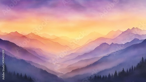 A painting of a mountain range with a purple sky in the background