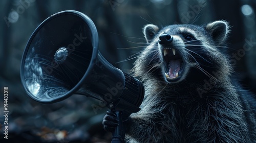 Racoon Holding Megaphone on dark forest Background. photo