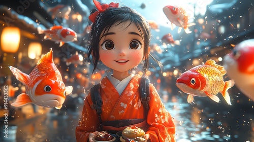 Heartwarming Koi Nobori Day scene with animated characters flying colorful carp streamers and celebrating with festive foods photo