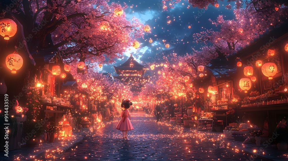 Magical Hanami party with animated characters having fun under cherry blossom trees with lanterns and festive treats Magical Hanami party with animated characters having fun under cherry blossom trees with lanterns and festive treats