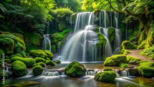 Serene Symphony of Nature: A Tranquil Waterfall in a Lush Park  Generative AI
