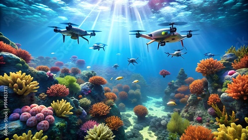 Underwater Symphony: Deep-Sea Drones Dancing Among Vibrant Coral Reefs AI Generated