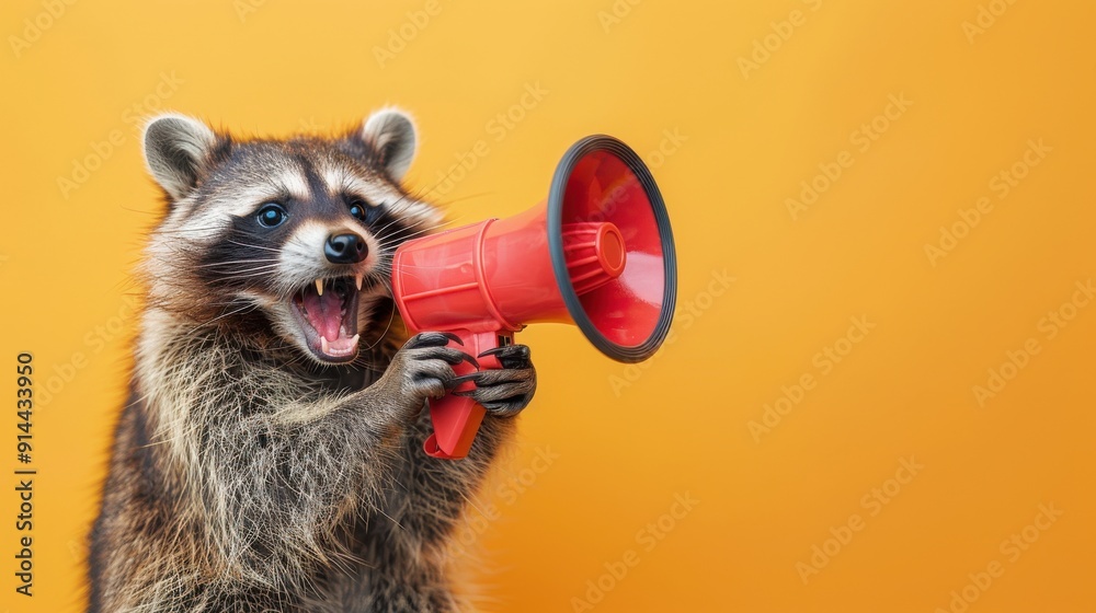 Fototapeta premium Racoon Holding Megaphone on Yellow Background.