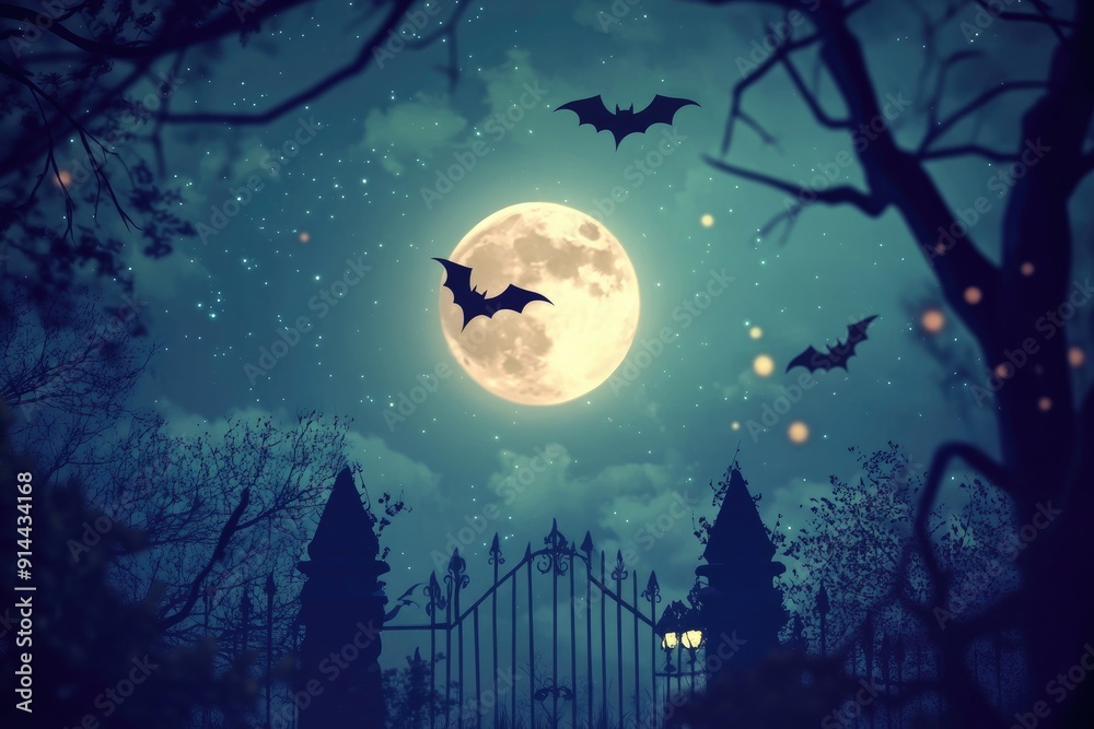 A Creepy Halloween Night Scene with a Full Moon, Bats, and a Gate A Creepy Halloween Night Scene with a Full Moon, Bats, and a Gate