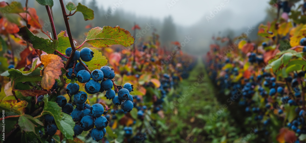 Vineyards Filled With Ripe Blue Grapes Under Misty Autumn Skies in a Peaceful Landscape Vineyards Filled With Ripe Blue Grapes Under Misty Autumn Skies in a Peaceful Landscape