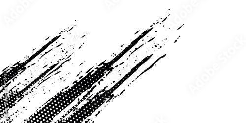 abstract black and white grunge background with splashes and halftone effects.