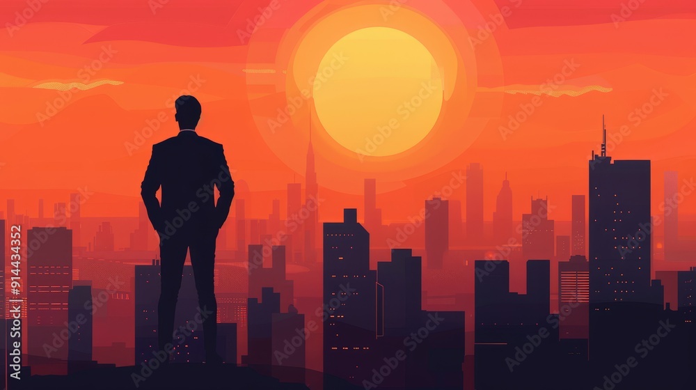 A businessman stands on a rooftop overlooking a cityscape, the setting sun casting a warm glow over the scene. This image symbolizes ambition, success, opportunity, and growth. A businessman stands on a rooftop overlooking a cityscape, the setting sun casting a warm glow over the scene. This image symbolizes ambition, success, opportunity, and growth.