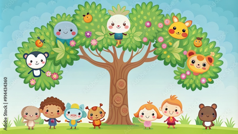 Fototapeta premium Whimsical and adorable tree graphic featuring cute cartoon characters , Tree, graphic, cute, adorable, cartoon, characters