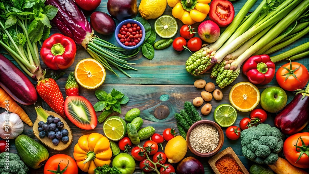 A Symphony of Summer Hues: A Vibrant Flat Lay of Fresh Organic Fruits and Vegetables Generative AI A Symphony of Summer Hues: A Vibrant Flat Lay of Fresh Organic Fruits and Vegetables Generative AI