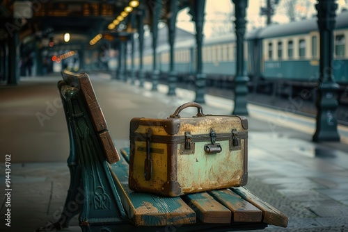 An antique suitcase sits alone on a bench at a train station, awaiting its owner.