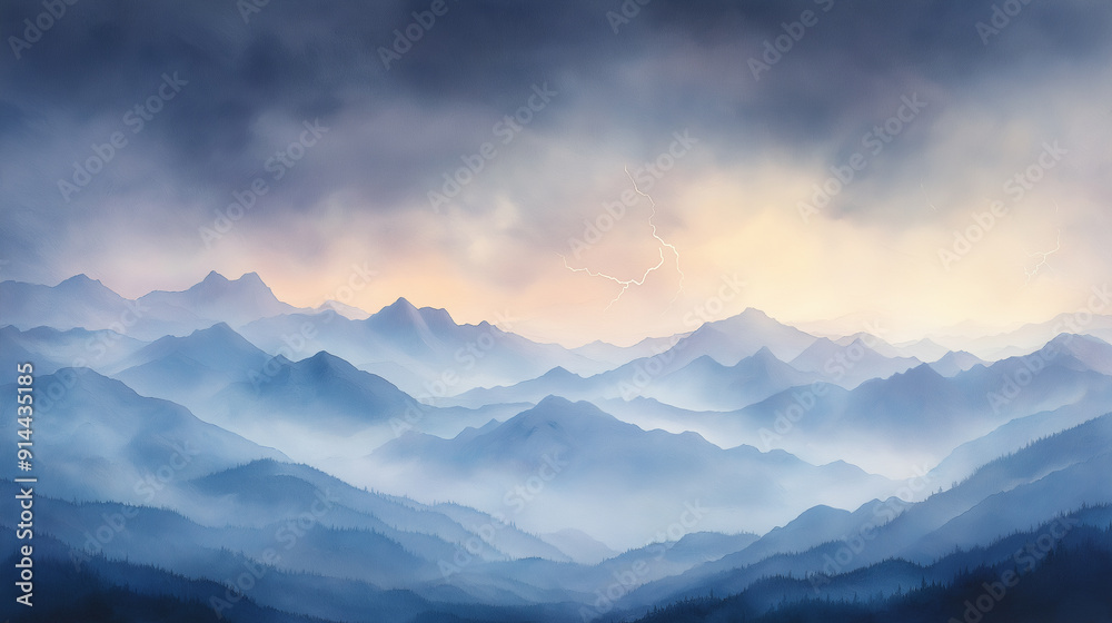 The mountains are covered in a thick layer of fog, creating a serene The mountains are covered in a thick layer of fog, creating a serene