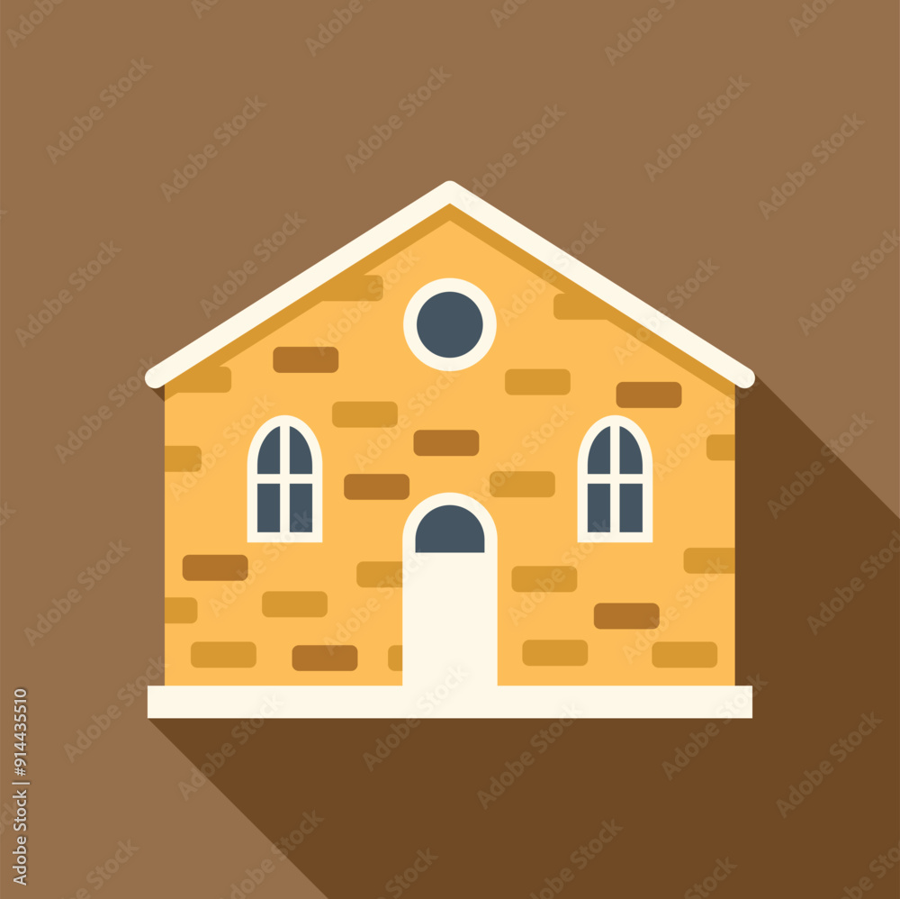 Simple flat design illustration of a small brick house facade with arched windows and door Simple flat design illustration of a small brick house facade with arched windows and door