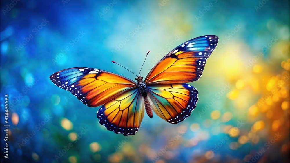 Vibrant butterfly with blue, yellow, and orange wings flying gracefully, butterfly, wings, vibrant colors, in flight