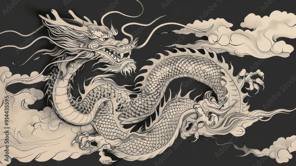 Delicate line art of a Chinese dragon, Chinese dragon, subtle and refined