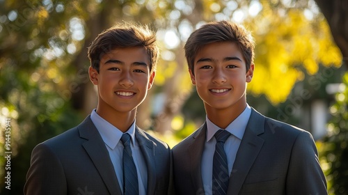 Smiling Teenagers in Suits Twin Portraits with Double Exposure Background
