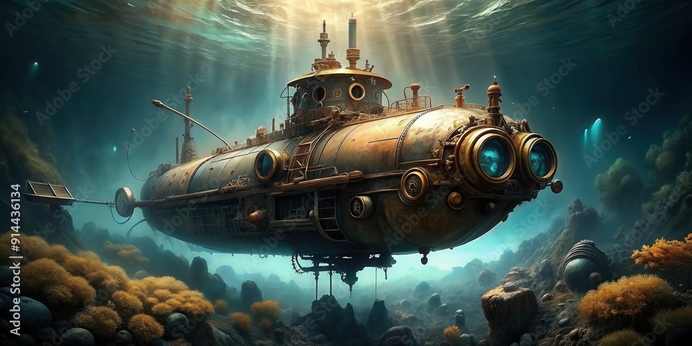 Steampunk submarine exploring the depths of the ocean, steampunk, submarine, retro, undersea, exploration, adventure Steampunk submarine exploring the depths of the ocean, steampunk, submarine, retro, undersea, exploration, adventure