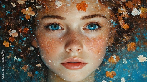 Whimsical Autumn Portrait with Flowery Eyes and Dreamlike Blurred Background