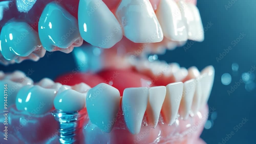 Jaw with teeth and implant screw in gums, 3d model closeup. Concept of tooth implantation procedure