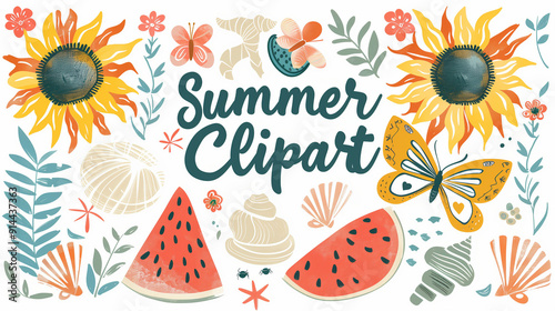 Summer-themed clipart with sunflowers, watermelon, and sea shells on white background.