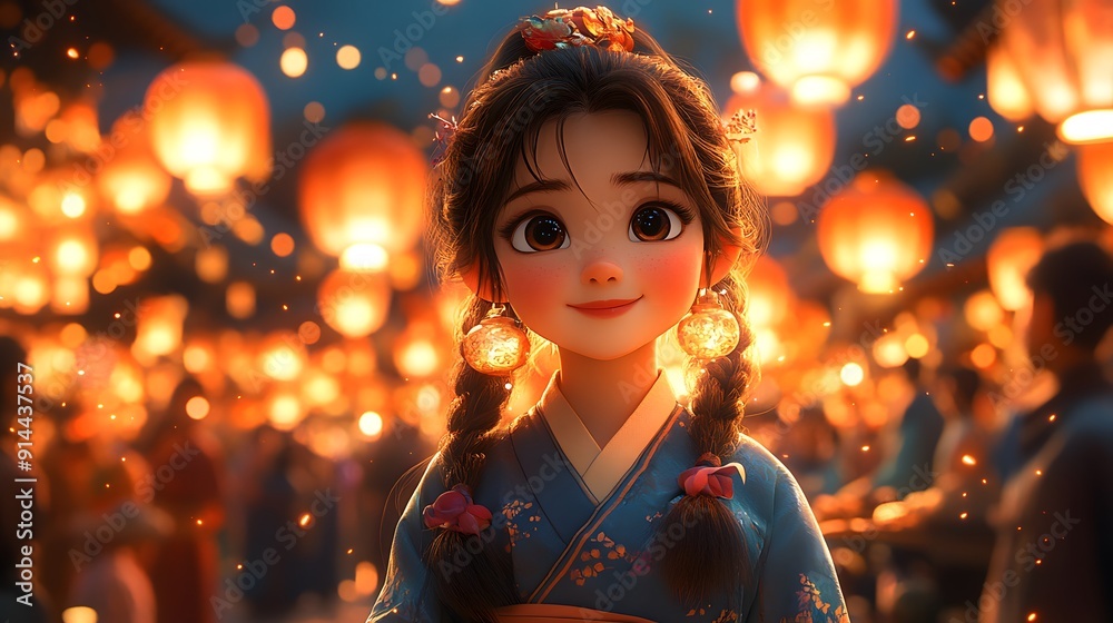 Festive Lantern Festival with animated characters enjoying colorful lanterns traditional music and festive foods Festive Lantern Festival with animated characters enjoying colorful lanterns traditional music and festive foods