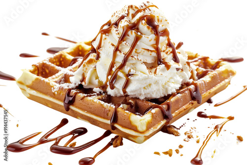 Scrumptious Waffle Topped with Ice Cream and Caramel Isolated on Transparent Background photo