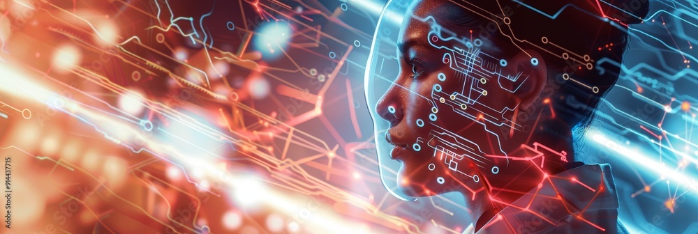 A futuristic digital art depicting a human face with circuit board patterns overlayed, symbolizing the convergence of technology and human consciousness, innovation, the digital age, and the future of A futuristic digital art depicting a human face with circuit board patterns overlayed, symbolizing the convergence of technology and human consciousness, innovation, the digital age, and the future of