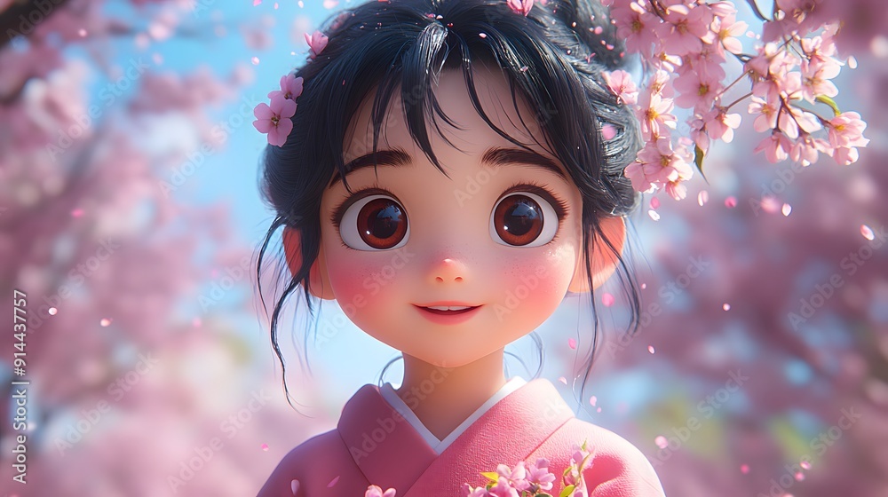 Joyful Spring Cherry Blossom viewing with animated characters enjoying picnics under the blooming sakura trees