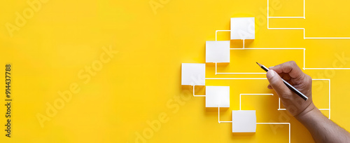 Business process and workflow automation with flowchart. Hand-holding wooden cube block arranging processing management on a yellow background design