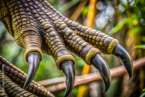 A close up of a clawed animal's foot with a yellow band. The claw is large and has a yellow band around it