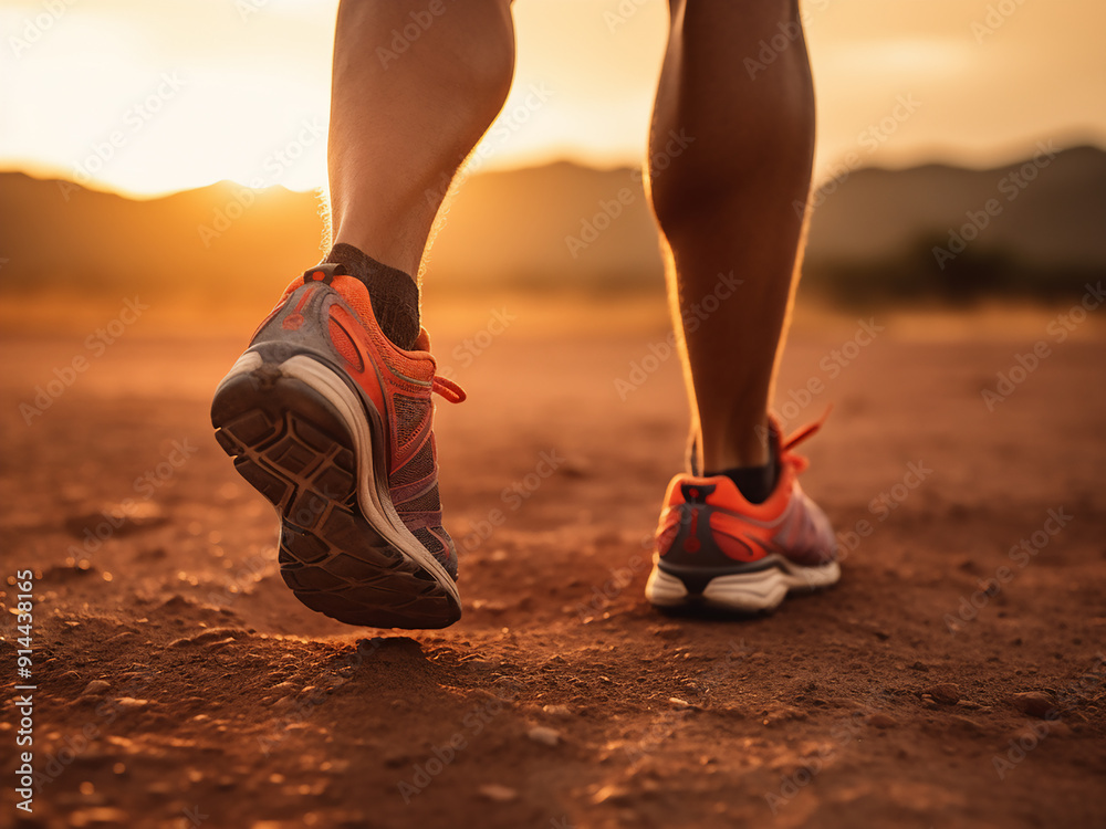 Close-up of a man�s strong legs trail running at sunset, showcasing a healthy lifestyle Close-up of a man�s strong legs trail running at sunset, showcasing a healthy lifestyle