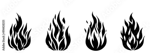 Burn bonfire flame silhouette. Black flame icons on a white background representing fire and heat symbols