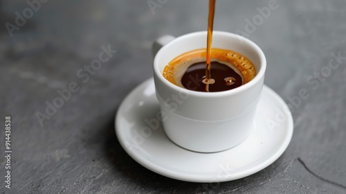 Preparing Tasty Drip Coffee: White Saucer on Grey Background photo