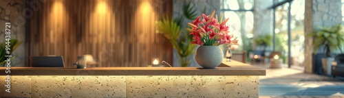 Hotel front desk with a welcoming atmosphere, close up, dynamic, overlay, cozy setting backdrop