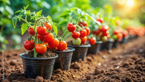 Close-up of cherry tomato plants ready to be planted in a garden , gardening, cherry tomatoes, plants, vegetables, agriculture